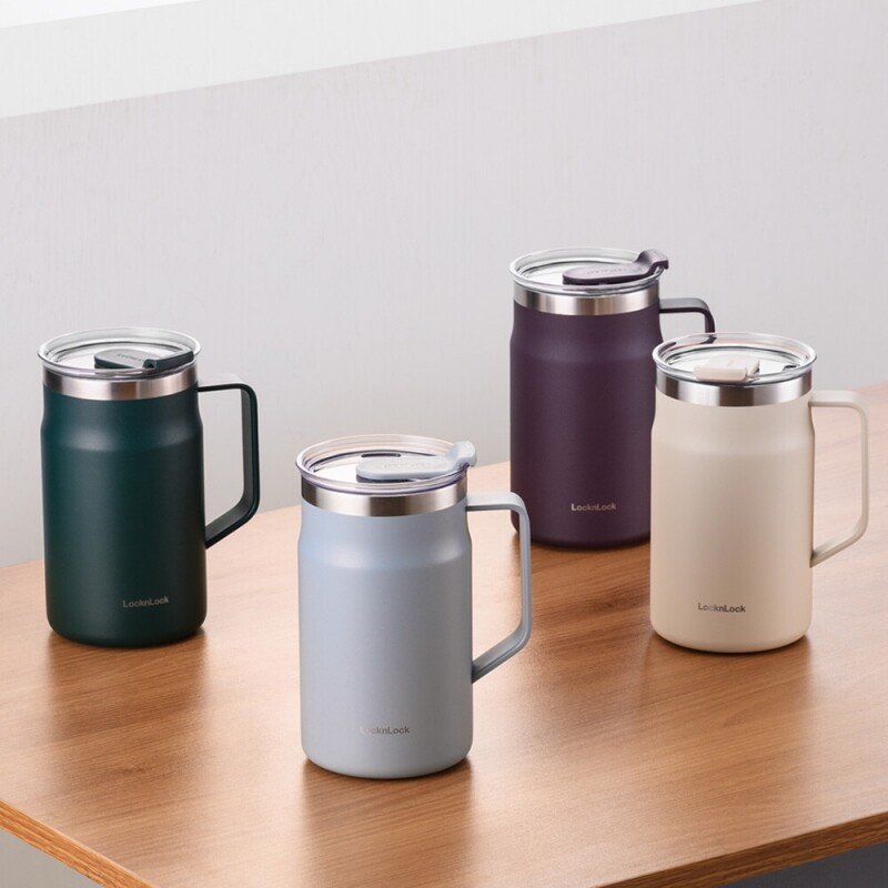 LocknLock insulated tumbler mugs in four colours on a wooden table